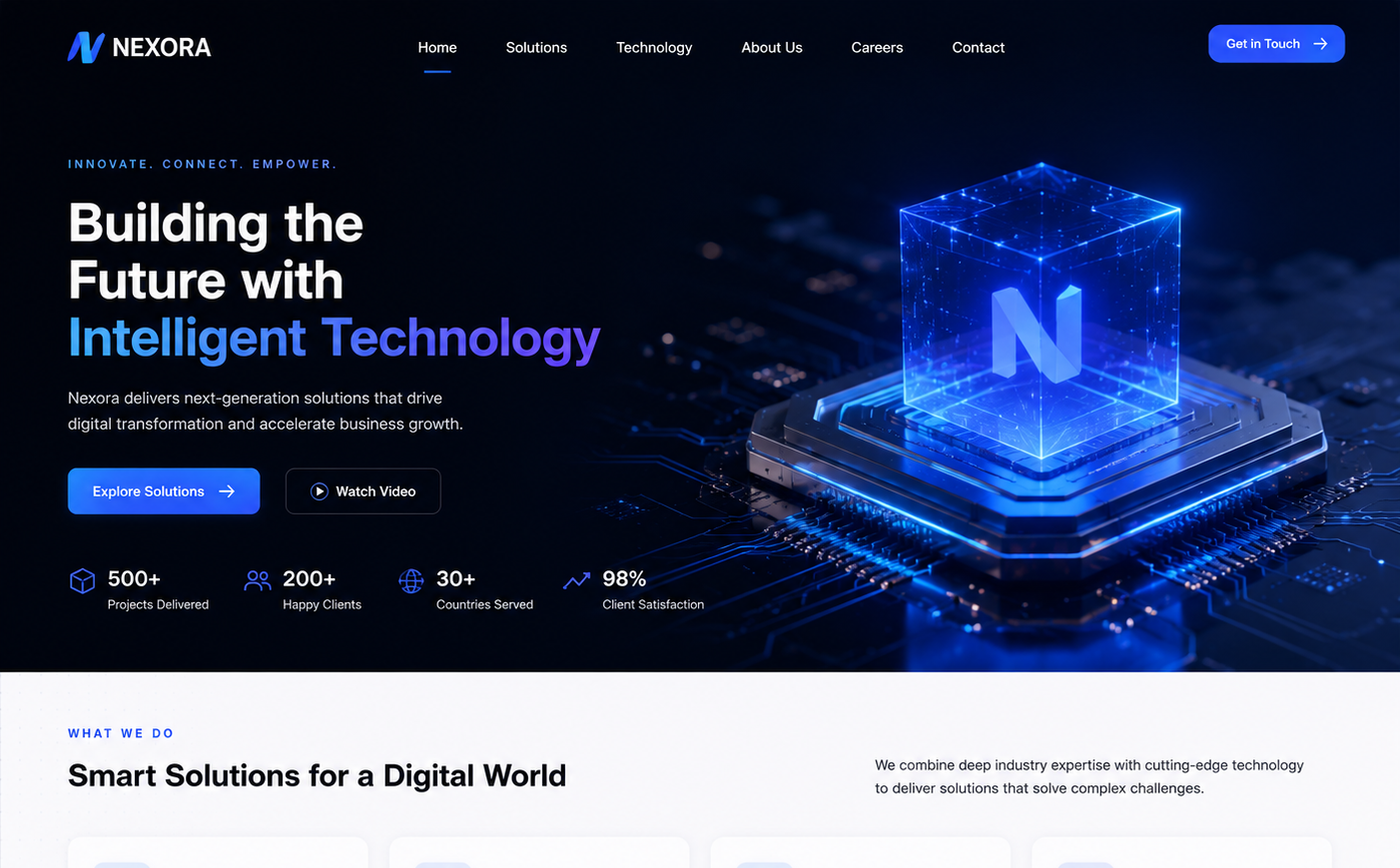 Nexora AI technology website homepage case preview